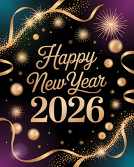 Happy new year 2026 celebration with fireworks and confetti