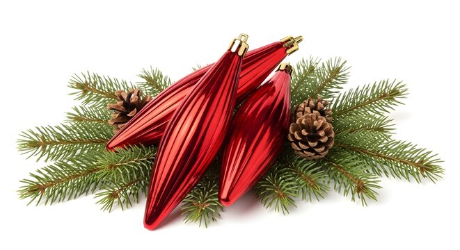 Christmas ornaments and pine branches red decorations with pinecones isolated on white background