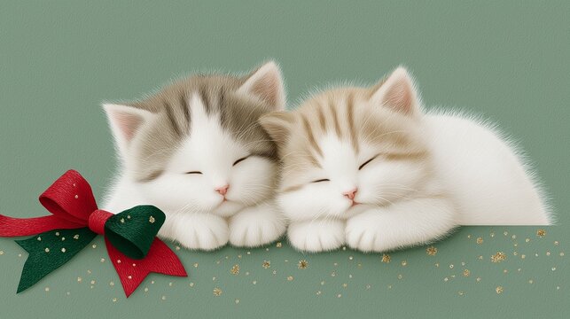 Two sleeping kittens rest side by side with decorative red and green bow symbolizing peace and warmth. Gentle tones evoke festive comfort and love