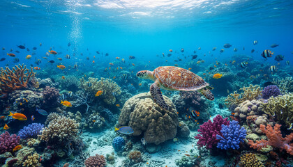 Majestic sea turtle gracefully navigates a vibrant coral reef, surrounded by schools of colorful fish in crystal-clear, sunlit tropical waters