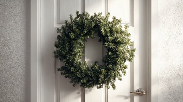 Festive evergreen wreath hanging on a white door, holiday home decor