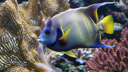 Vibrant Emperor Angelfish Swimming Gracefully Among Colorful Coral Reefs in a Tropical Underwater Ecosystem Showcasing Marine Life and Biodiversity.