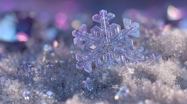 Macro snowflake cluster under polar light, precision detail and crystal texture