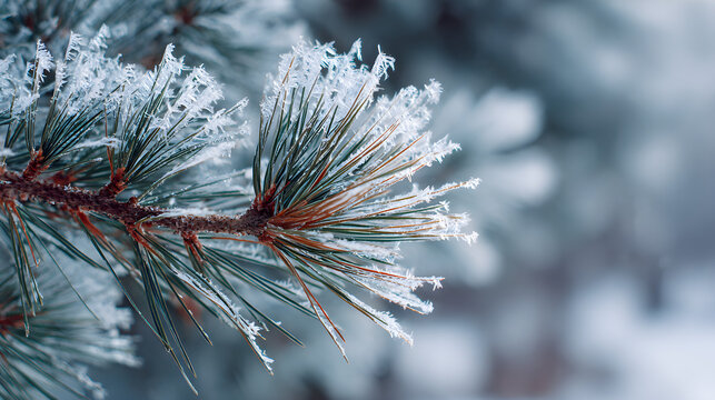 Macro view of snow crystals on pine branch, sharp detail with selective focus, natural winter beauty aesthetic