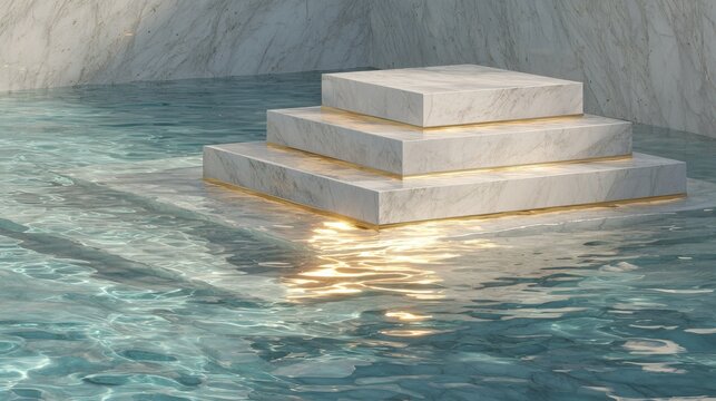 Tiered stone steps submerged in rippling water with sunlight reflections