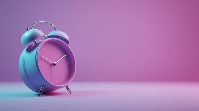 Stylish violet alarm clock on pastel gradient background representing creative concept of modern design and timing. Minimal futuristic composition for time management, advertising, and branding visual