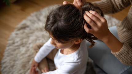 Naklejka premium Faceless top-down view — a child sitting on a rug, mother’s hands gently fixing her hair, soft defocus on background, with copy space.