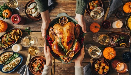 Overhead view of a festive holiday dinner table where people are sharing a beautifully roasted turkey, celebrating a traditional family feast