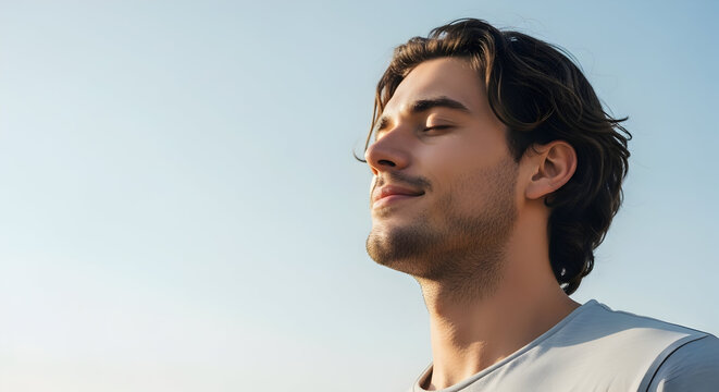 Serene young man enjoying sunny day outdoors with eyes closed and a peaceful expression on his face in natural light perfect for wellness and relaxation themes