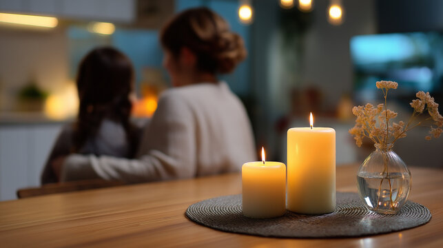 Defocused family interior — gentle glow from candles, mother and daughter connecting quietly, minimal color palette, with copy space.