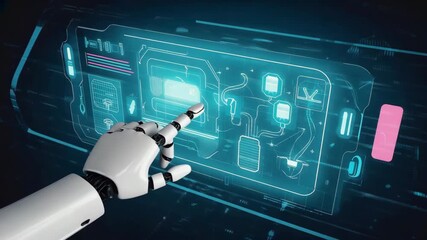 Robotic hand interacting with futuristic holographic interface displaying complex data schematics and glowing digital elements with a dark blue background and neon - Powered by Adobe