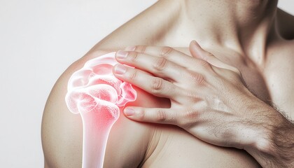 Naklejka premium Anatomical view of a painful human shoulder joint, showing inflammation and injury with a glowing red skeletal overlay