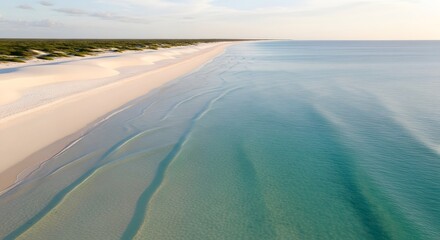 A tranquil beach scene showcasing clear blue water gently meeting a pristine white sandy shoreline under a bright sky