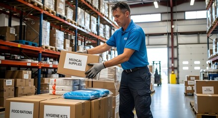 A warehouse worker in a blue uniform and gloves organizing and handling boxes of medical supplies and hygiene kits on shelves in a well-lit industrial storage facility