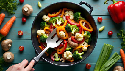 Colorful vegetables cooking in a pan on a rustic wooden table