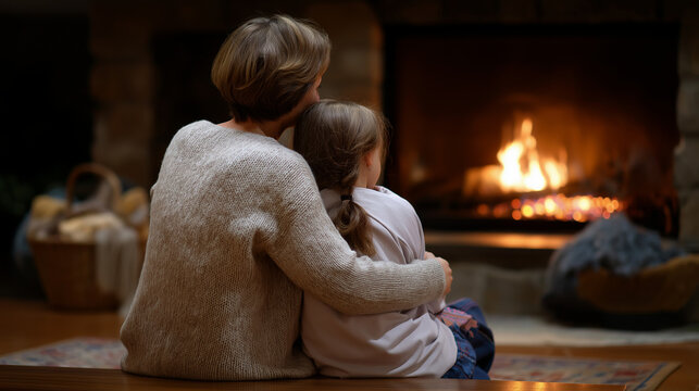 Faceless photo from behind — mother and daughter sitting close by the fireplace, soft pastel atmosphere of care and stillness, with copy space.