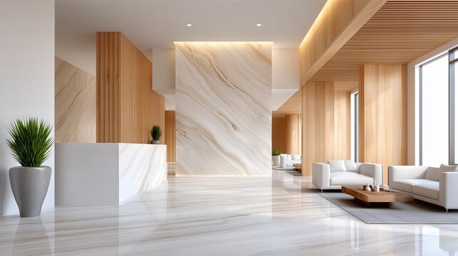 Bright Hotel Reception Interior With White Marble Walls, Wood Paneling And Warm Minimalist Design. Luxury Lounge With Sofas And Potted Plants