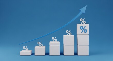 Rising percentage growth chart with blue arrow, interest rates increase, financial statistics concept.