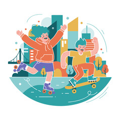 Two joyful friends actively enjoying outdoor city life with one on roller skates and the other on a skateboard with colorful buildings and trees in the background during the day