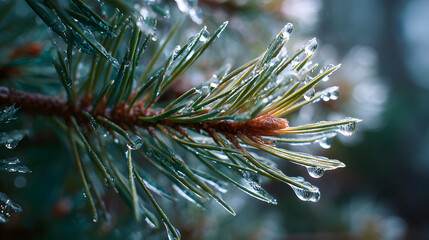 Pine needles coated in ice crystals, macro highlight contrast and tactile sharpness