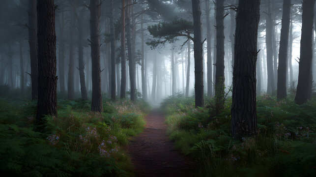 Pine forest path wrapped in morning fog, cinematic symmetry and natural composition