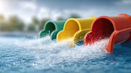 Obraz premium Colorful Water Slides Splashing Into Pool. Summer Fun And Recreation Theme For Travel, Resorts, Leisure, Family And Childhood Visuals