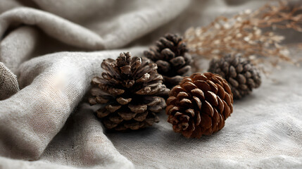 Pinecone arrangement on linen cloth, matte daylight tones and rustic natural elegance, simple Christmas beauty