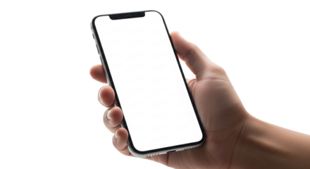 Hand Holding a Smartphone Displaying a White Screen for Content Insertion