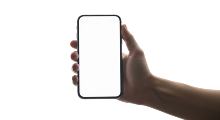 Modern black smartphone with a blank white screen for mockup, isolated on a white background in a perspective view