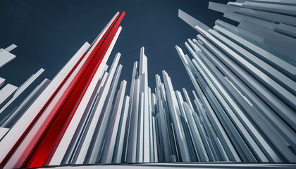 Abstract 3D render of a bar chart from a low angle, with one red bar standing out from the blue bars, symbolizing growth, success, and outperforming the market.