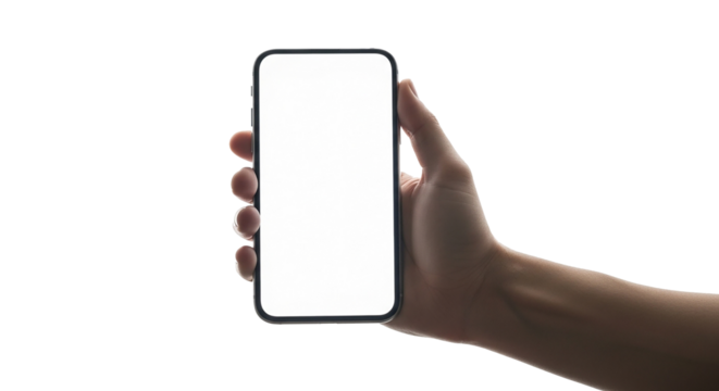Modern black smartphone with a blank white screen for mockup, isolated on a white background in a perspective view
