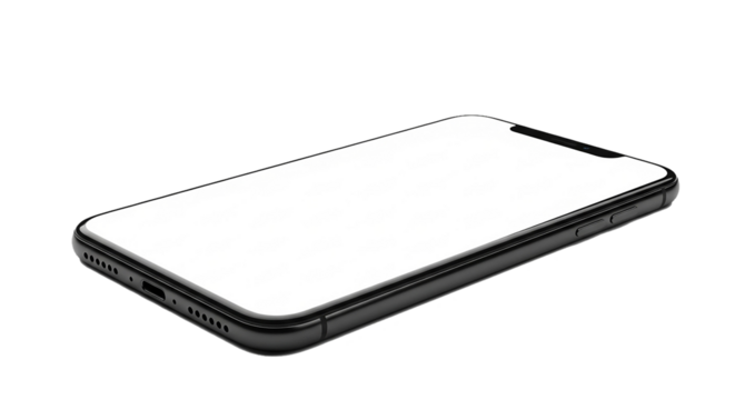 High-angle shot of a modern smartphone with a blank white screen, ready for creative content