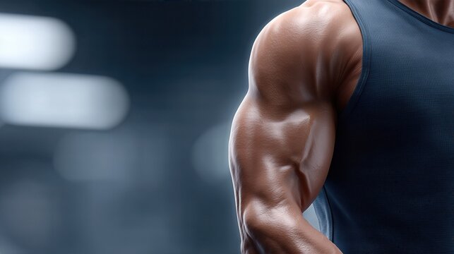 Muscular Male Arm In Sportswear Showing Defined Bicep And Veins At Gym. Fitness Strength Motivation Concept For Bodybuilding And Workout Promotions. Copy Space Left
