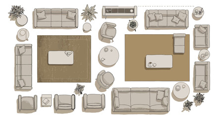 furniture arrangement top-down layout featuring sofa sets chairs tables and rugs for architectural home decor and interior design project needs