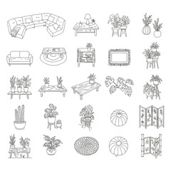 home decor line art illustrations for interior design projects featuring couches tables plants screens and rugs for a minimalist aesthetic