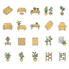 Home decor icon set furniture plants and rugs for interior design projects and minimalist style visuals perfect for decorating and lifestyle blogs.