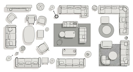 furniture floor plan layout showing living room arrangement with sofas armchairs tables rugs and decoratives for interior design concept home staging idea.
