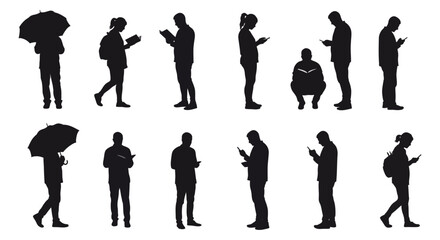 People silhouettes using phones and reading books capturing the modern lifestyle in urban spaces ideal for illustrating connection and information access.