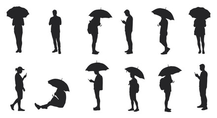 People silhouettes in the rain using phones and umbrellas against a plain backdrop for designs about urban life technology use and modern commuting.