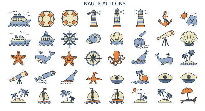 nautical icons collection featuring cruise ships lighthouses islands and sea life elements ideal for travel blogs seaside promotion and summer designs.