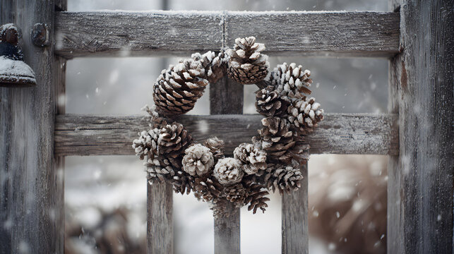 Pinecone wreath hanging on snowy gate, natural morning lighting and textured depth, authentic rustic elegance