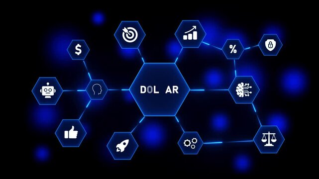 Digital network diagram with the word DOLAR in the center and connected icons representing business concepts on a dark blue background - Powered by Adobe