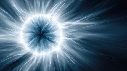 Glowing White And Blue Electric Orb Radiating Energy On Dark Background. Abstract High Voltage Power, Sci-Fi Core And Energy Burst Visual