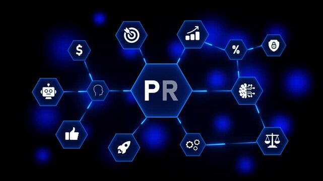 Digital network diagram with the letters PR in the center and connected icons representing business concepts on a dark blue background