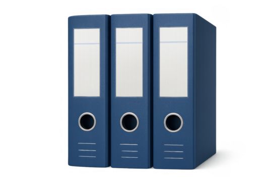 Blue ring binders standing in a row, organizing office documents and archiving business files