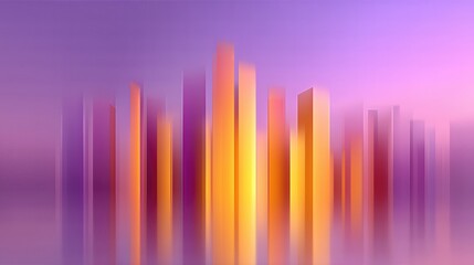 Abstract Golden And Purple City Skyline With Blurred Towers Reflecting On Surface. Metaphor For Futuristic Urbanization, Innovation, Architecture