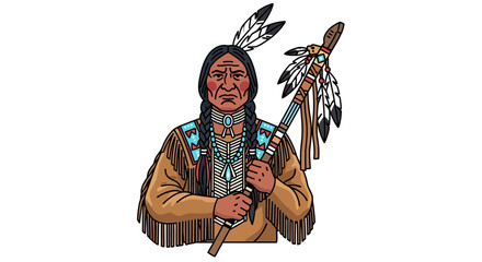 Native American Chief with Headdress and Staff Vector Illustration