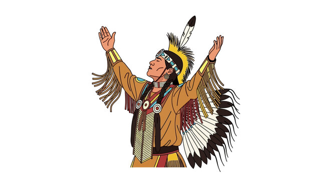 Native American Indian Praying with Open Arms Cartoon Illustration