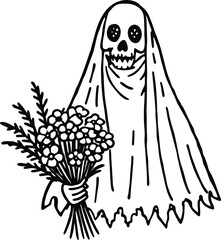 Lace ghost with long flowing veil holding bouquet line art design.