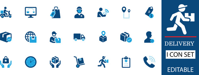 A modern flat vector icon set representing delivery, courier, logistics, and shipping services. Perfect for web design,  packaging, and e-commerce branding in a clean minimalist style